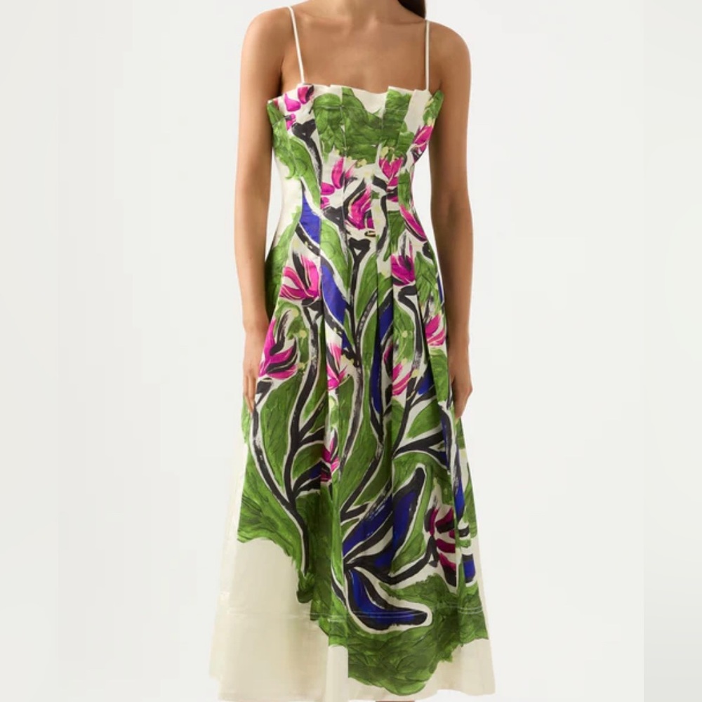 Aje Paradiso Cinched Floral Linen-Blend Midi Dress size Xs (Au 6 Us 2)